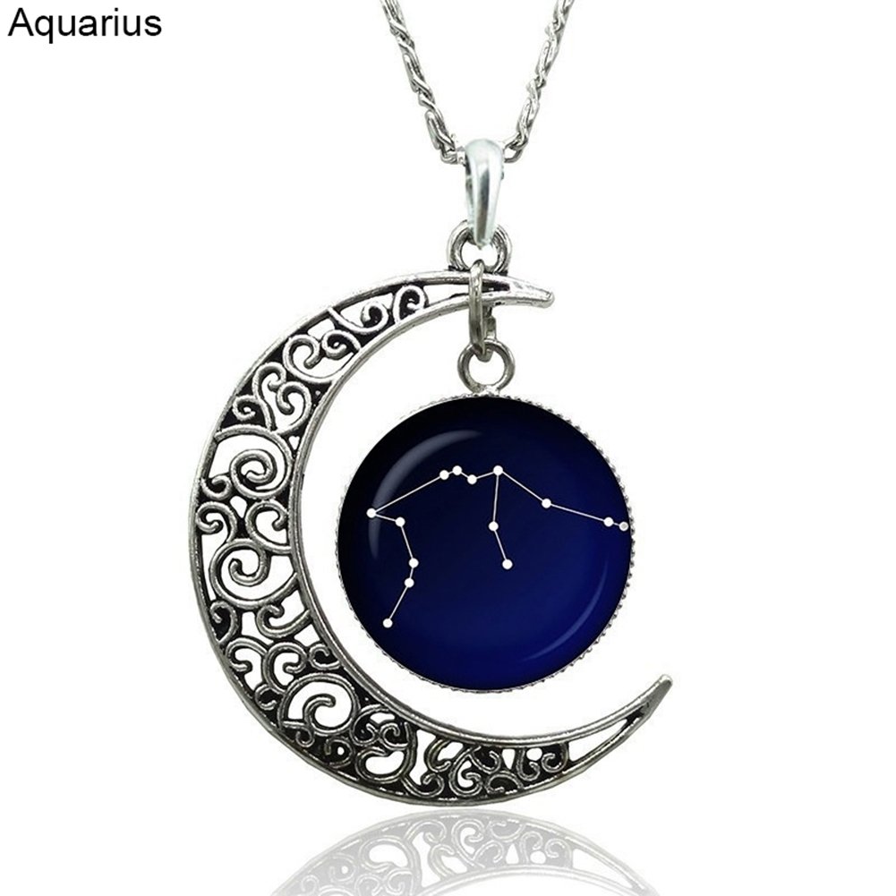 Astrology Astrological Signs Hollow Moon Glass Cabochon Pendant Women Necklace Image 1