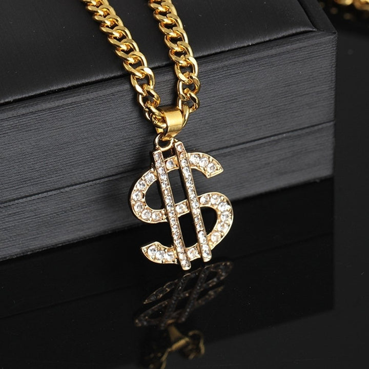 Rhinestone US Dollar Money Style Pendant Long Chain Necklace Hip Hop Jewelry Image 2