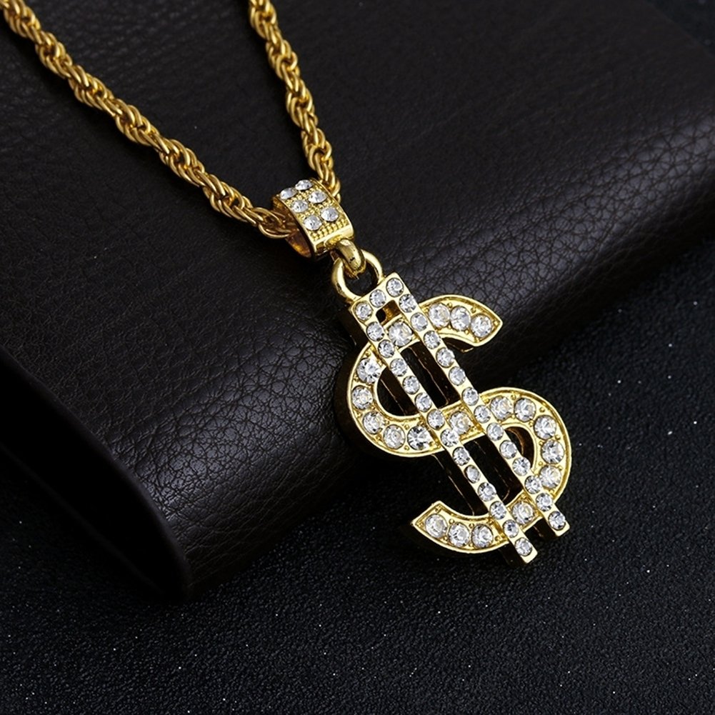 Rhinestone US Dollar Money Style Pendant Long Chain Necklace Hip Hop Jewelry Image 3