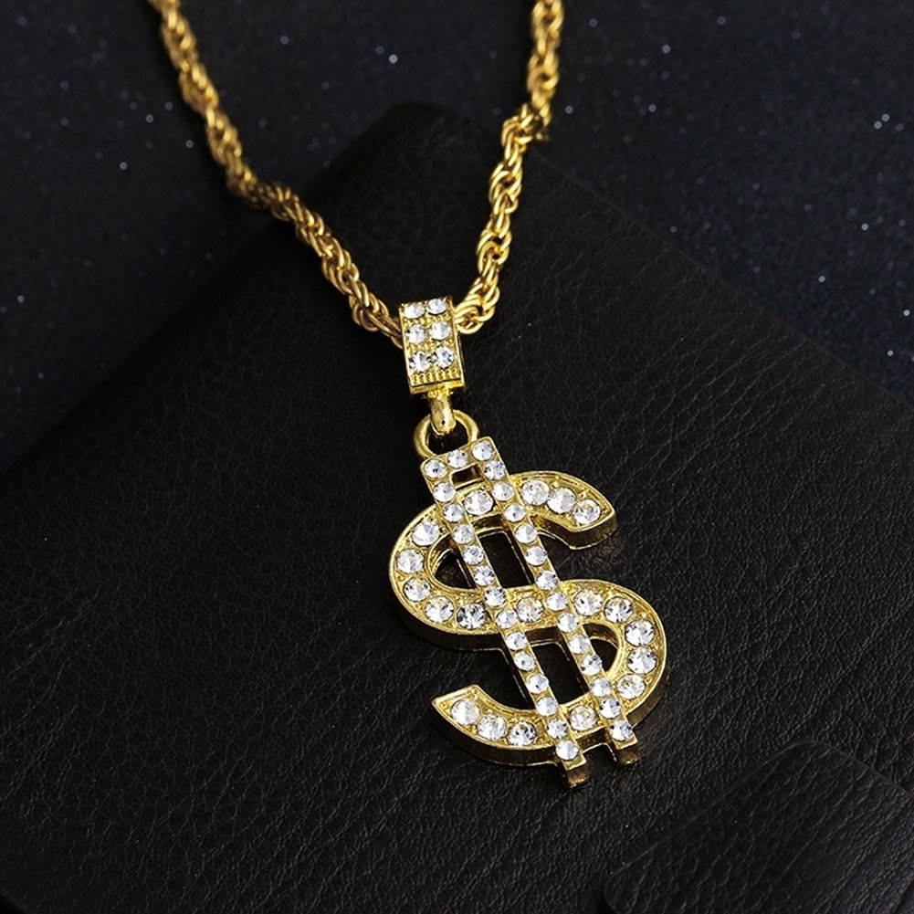 Rhinestone US Dollar Money Style Pendant Long Chain Necklace Hip Hop Jewelry Image 4