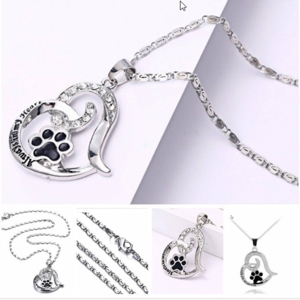 Letters Rhinestone Hollow Heart Dog Paw Pendant Necklace Women Party Jewelry Image 1