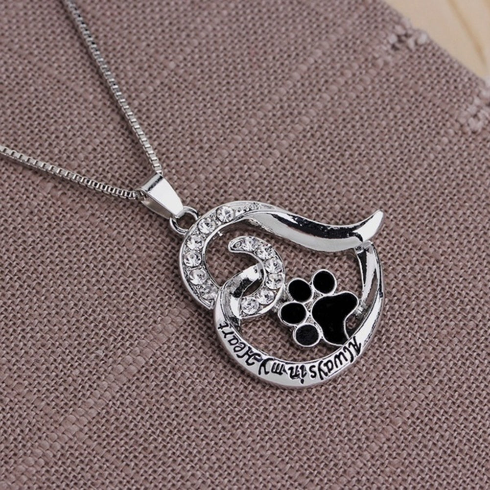 Letters Rhinestone Hollow Heart Dog Paw Pendant Necklace Women Party Jewelry Image 3