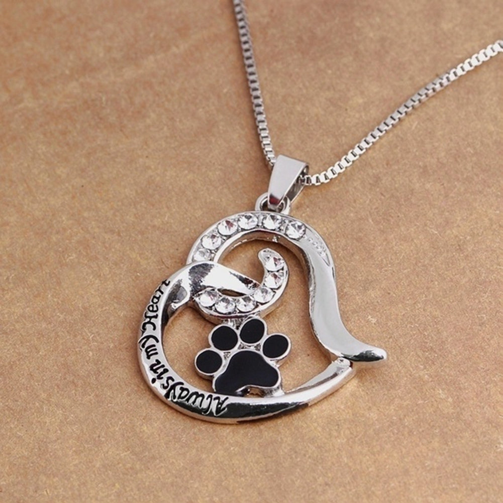 Letters Rhinestone Hollow Heart Dog Paw Pendant Necklace Women Party Jewelry Image 4