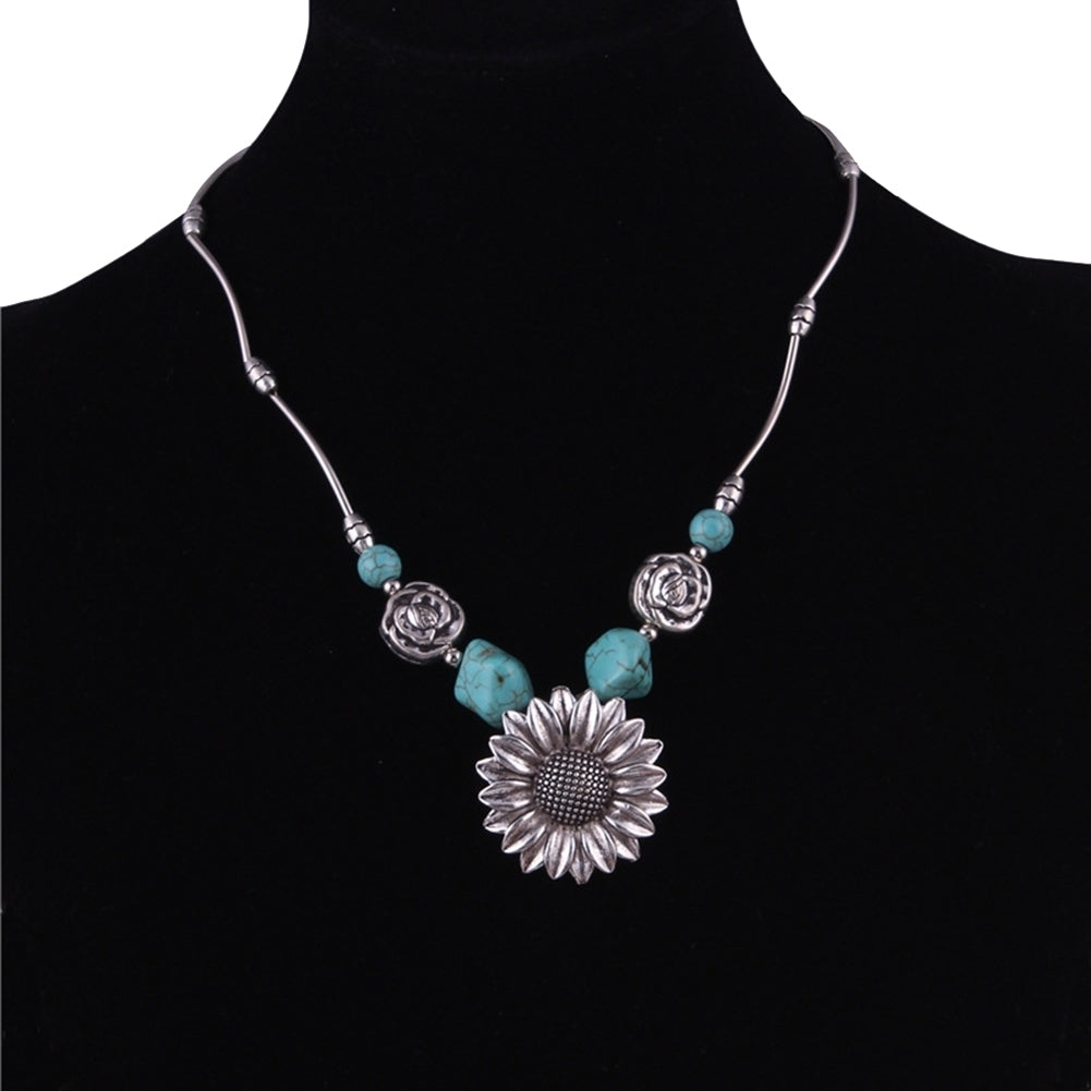 Fashion Women Sunflower Faux Turquoise Clavicle Chain Necklace Jewelry Gift Image 2