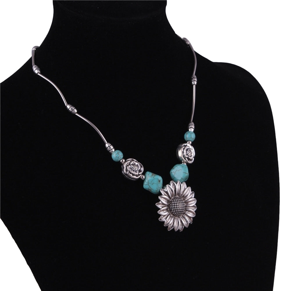 Fashion Women Sunflower Faux Turquoise Clavicle Chain Necklace Jewelry Gift Image 3