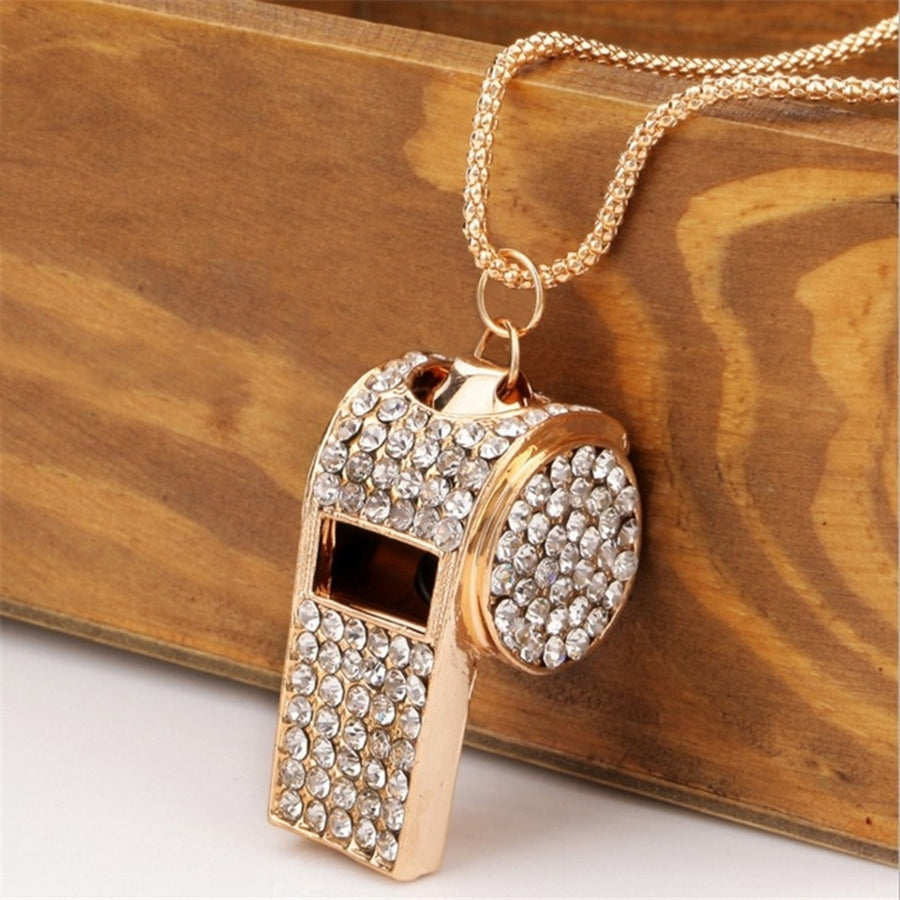 Fashion Women Whistle Shape Rhinestone Inlaid Pendant Long Chain Necklace Gift Image 1