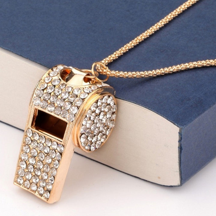 Fashion Women Whistle Shape Rhinestone Inlaid Pendant Long Chain Necklace Gift Image 2