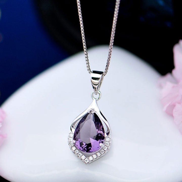 Women Droplet Faux Amethyst Necklace Clavicle Decoration Pendant Jewelry Gift Image 1