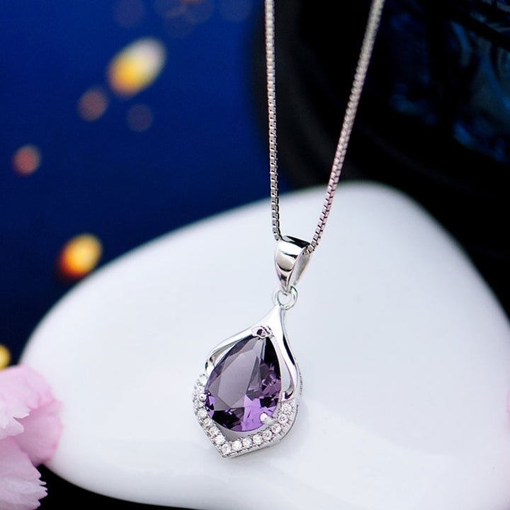 Women Droplet Faux Amethyst Necklace Clavicle Decoration Pendant Jewelry Gift Image 3