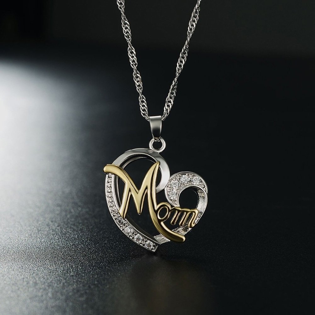 English Letter Mom Hollow Heart Pendant Chain Necklace Jewelry Image 3