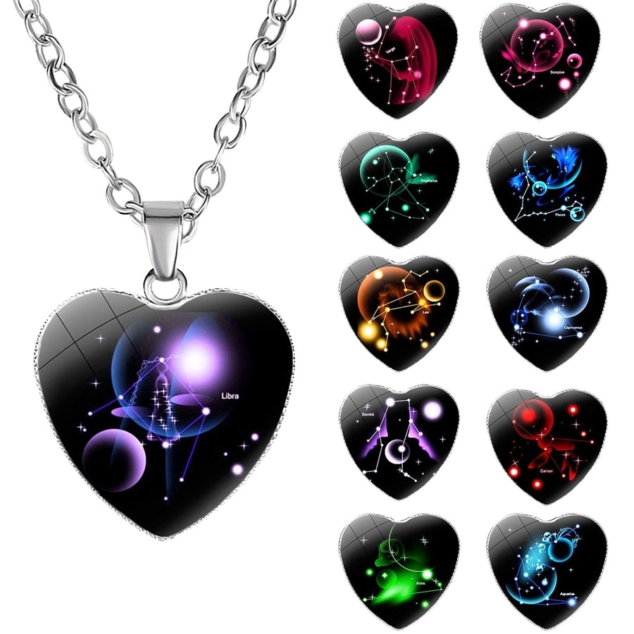 Love Heart Necklace Fashion Charming Glass 12 Zodiac Constellations Sign Pendant for Women Image 1