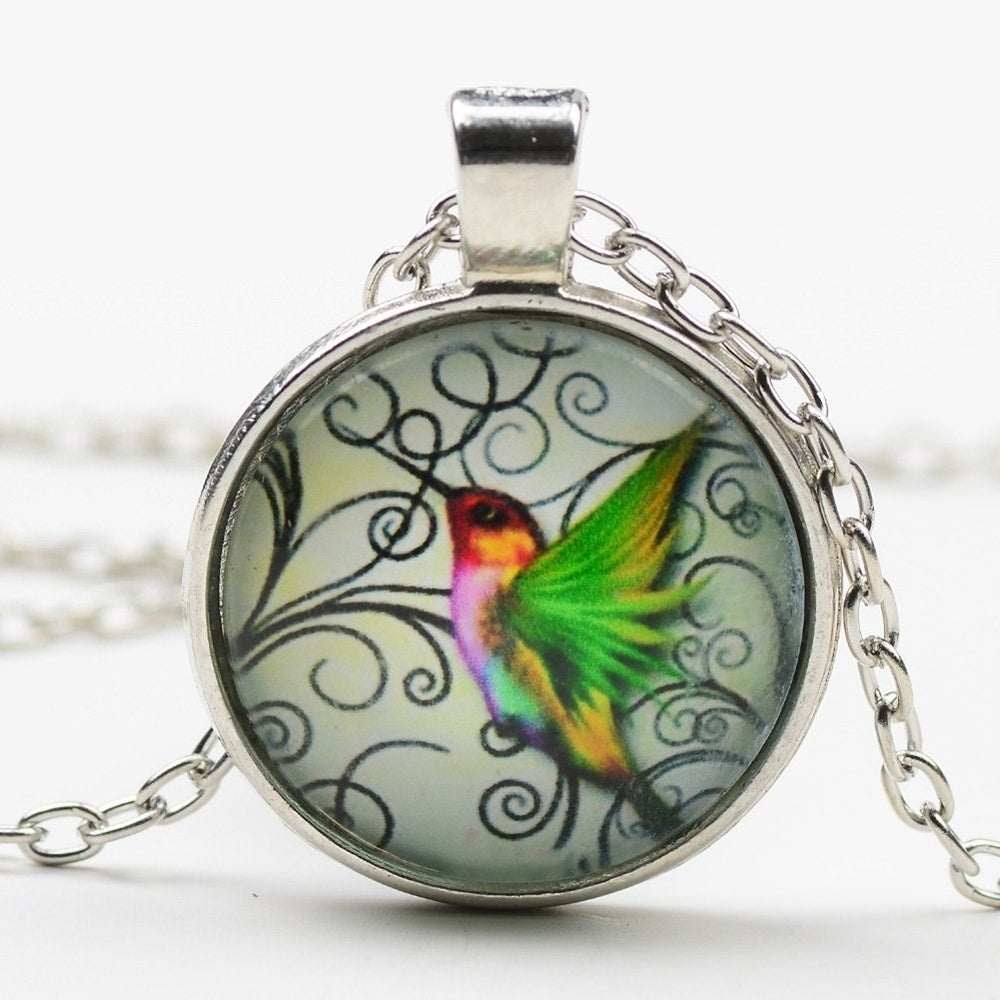 Fashion Women Green Hummingbird Cabochon Glass Pendant Necklace Jewelry Gift Image 2