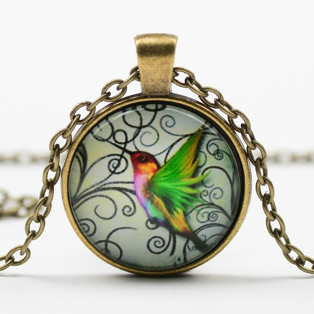 Fashion Women Green Hummingbird Cabochon Glass Pendant Necklace Jewelry Gift Image 3