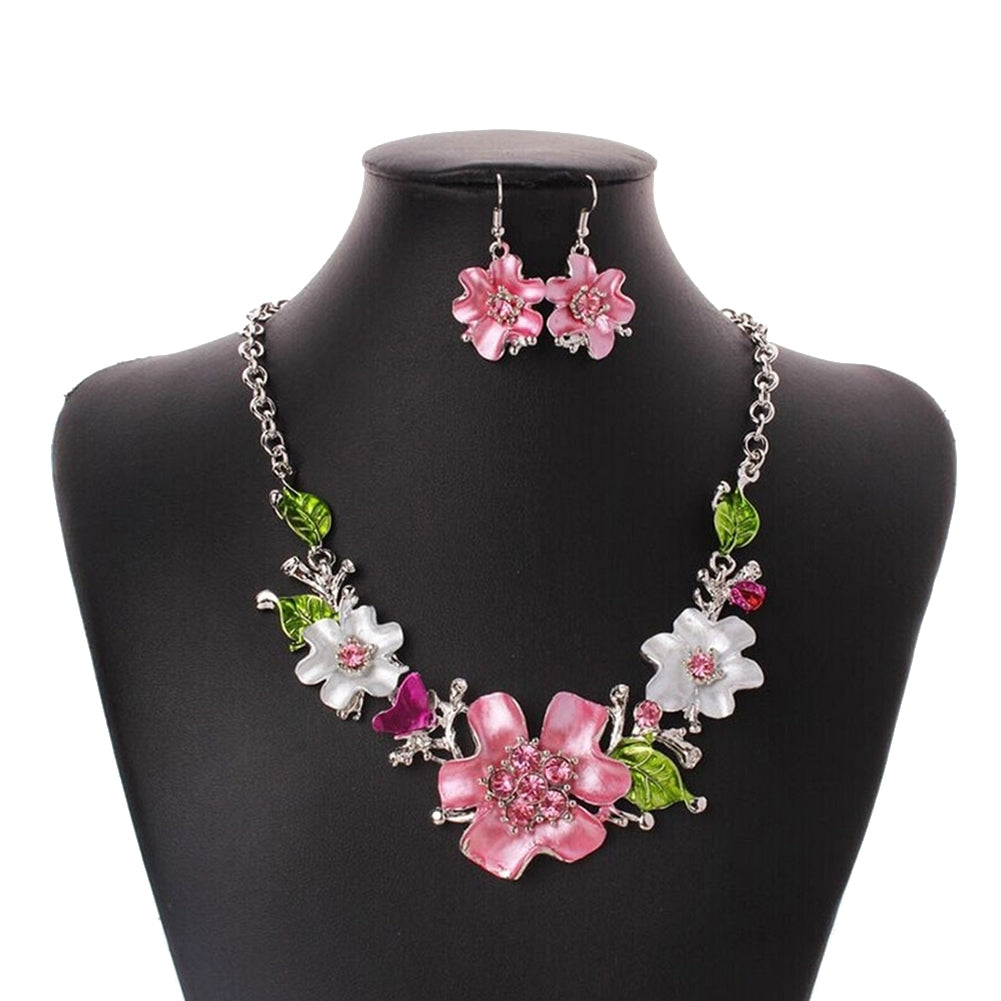 Multicolor Women Flower Rhinestone Inlaid Pendant Necklace Earrings Jewelry Set Image 1