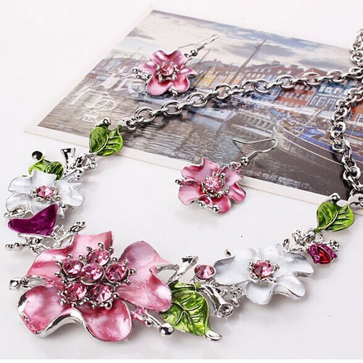 Multicolor Women Flower Rhinestone Inlaid Pendant Necklace Earrings Jewelry Set Image 2