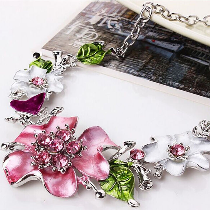 Multicolor Women Flower Rhinestone Inlaid Pendant Necklace Earrings Jewelry Set Image 3