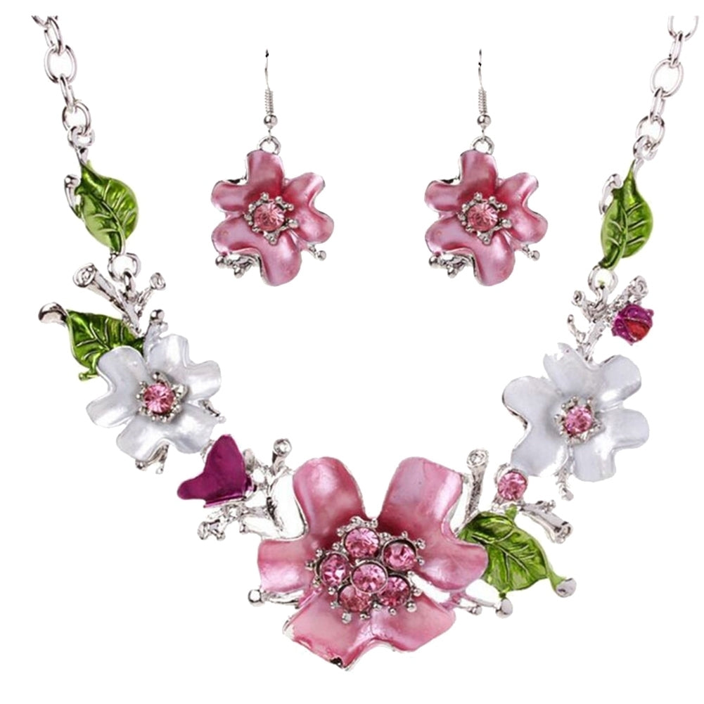 Multicolor Women Flower Rhinestone Inlaid Pendant Necklace Earrings Jewelry Set Image 10