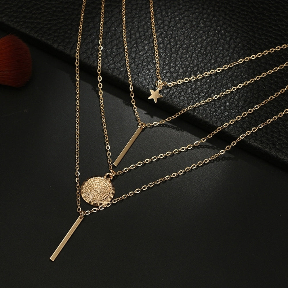 Fashion Women Beach Jewelry Multi-layer Chain Star Bar Round Pendant Necklace Image 4