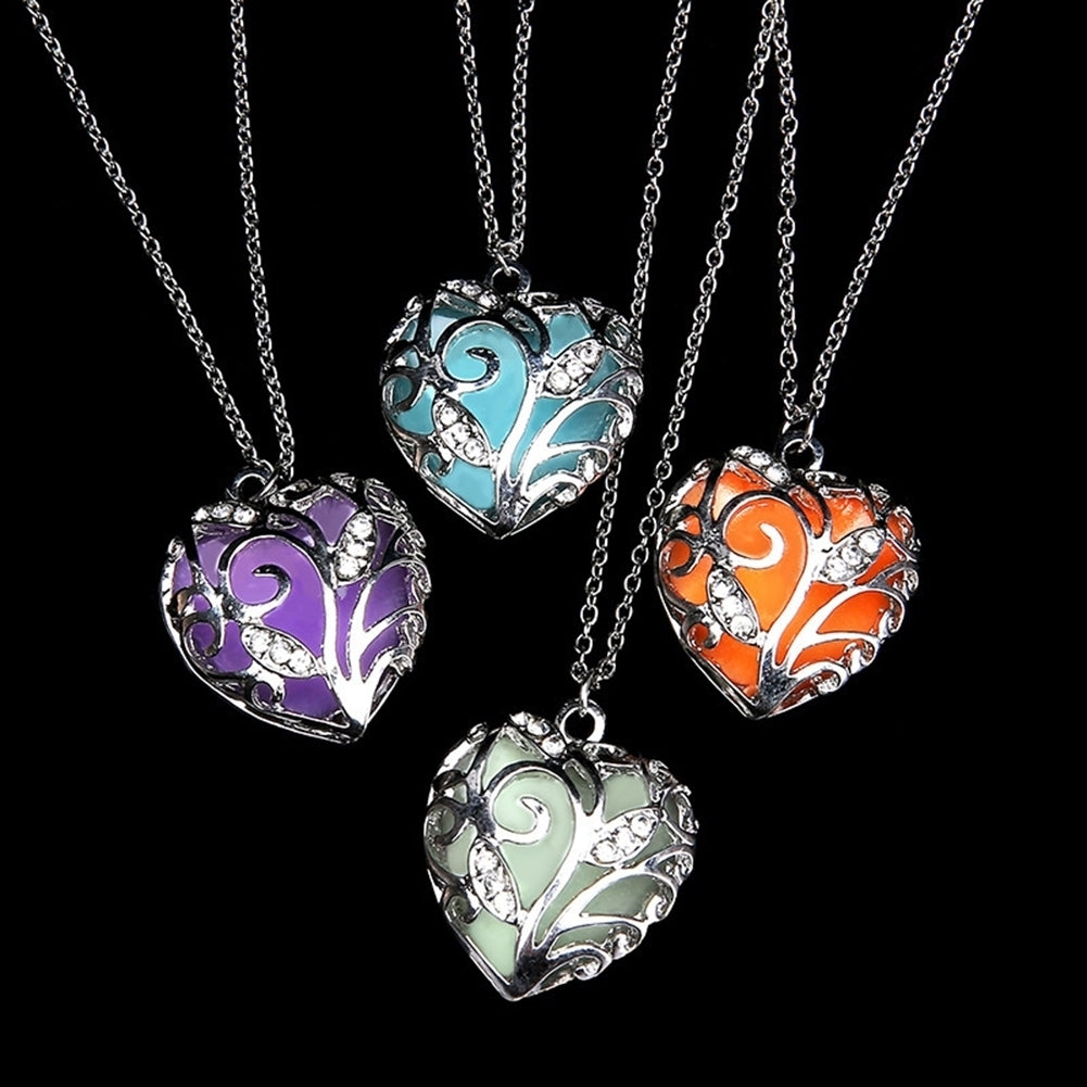 Fashion Women Hollow Out Heart Rhinestone Pendant Luminous Chain Necklace Gift Image 2