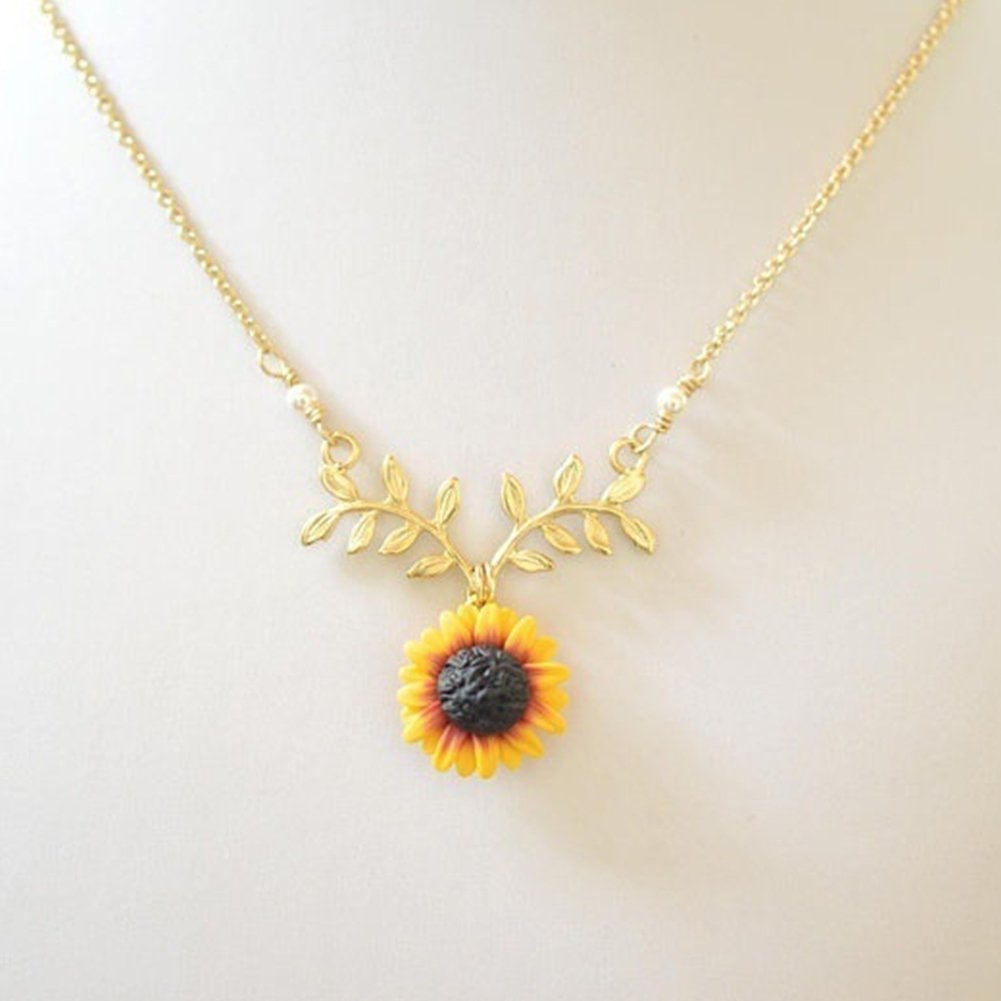 Fashion Women Faux Pearl Sunflower Leaf Branch Twig Pendant Necklace Jewelry Image 4