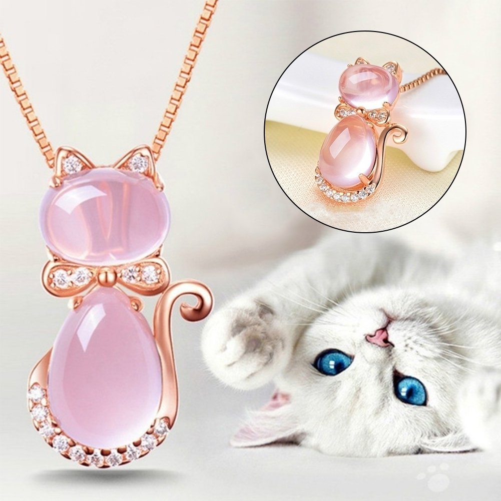 Elegant Women Rhinestone Faux Opal Cat Pendant Necklace Long Chain Party Jewelry Image 1