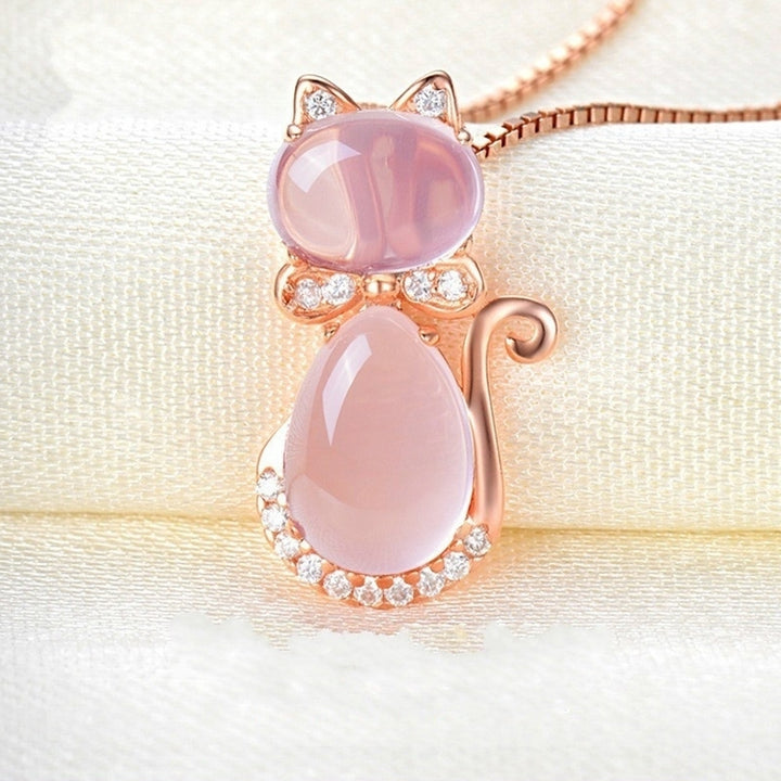 Elegant Women Rhinestone Faux Opal Cat Pendant Necklace Long Chain Party Jewelry Image 2