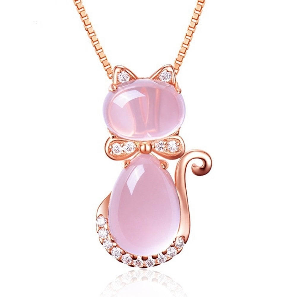 Elegant Women Rhinestone Faux Opal Cat Pendant Necklace Long Chain Party Jewelry Image 4