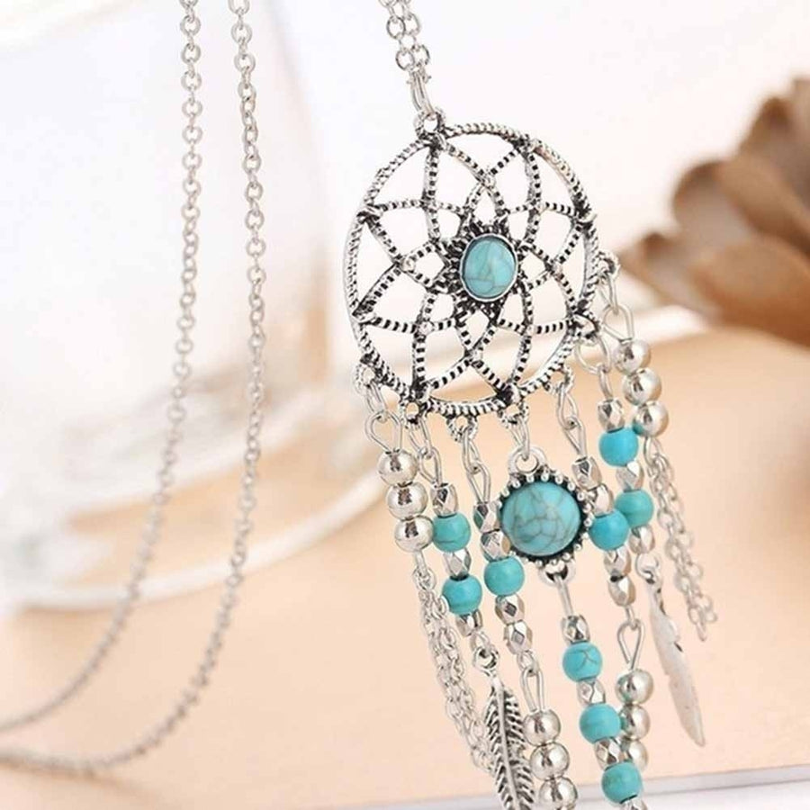 Boho Dreamcatcher Feather Turquoise Tassel Chain Charm Necklace Women Jewelry Image 1