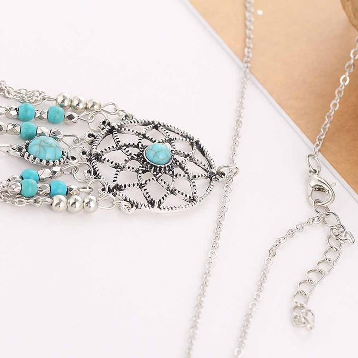 Boho Dreamcatcher Feather Turquoise Tassel Chain Charm Necklace Women Jewelry Image 2