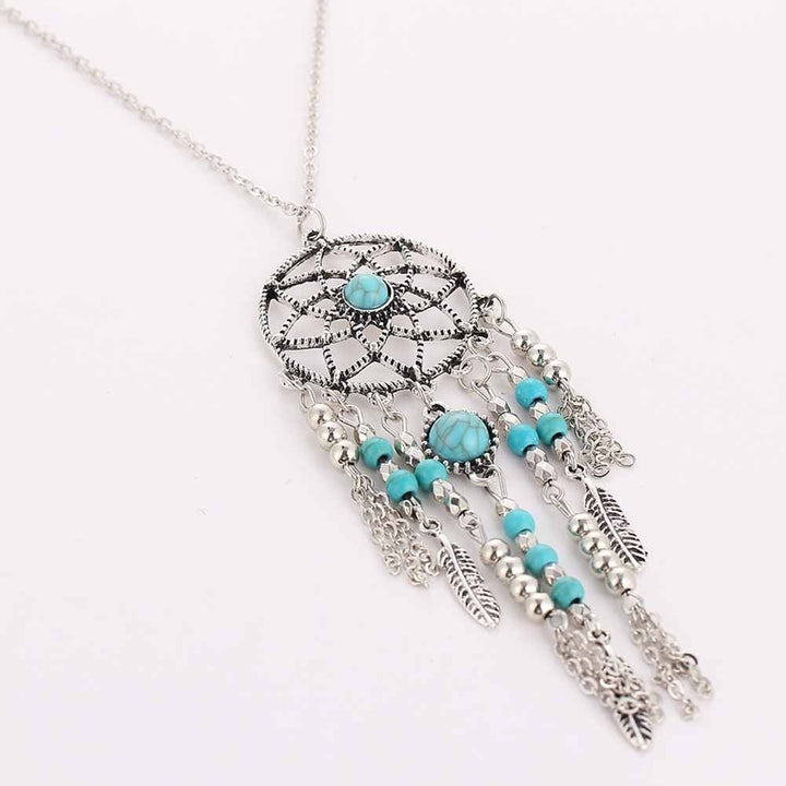 Boho Dreamcatcher Feather Turquoise Tassel Chain Charm Necklace Women Jewelry Image 3