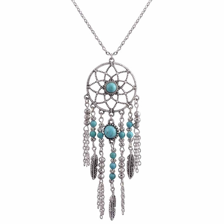 Boho Dreamcatcher Feather Turquoise Tassel Chain Charm Necklace Women Jewelry Image 4