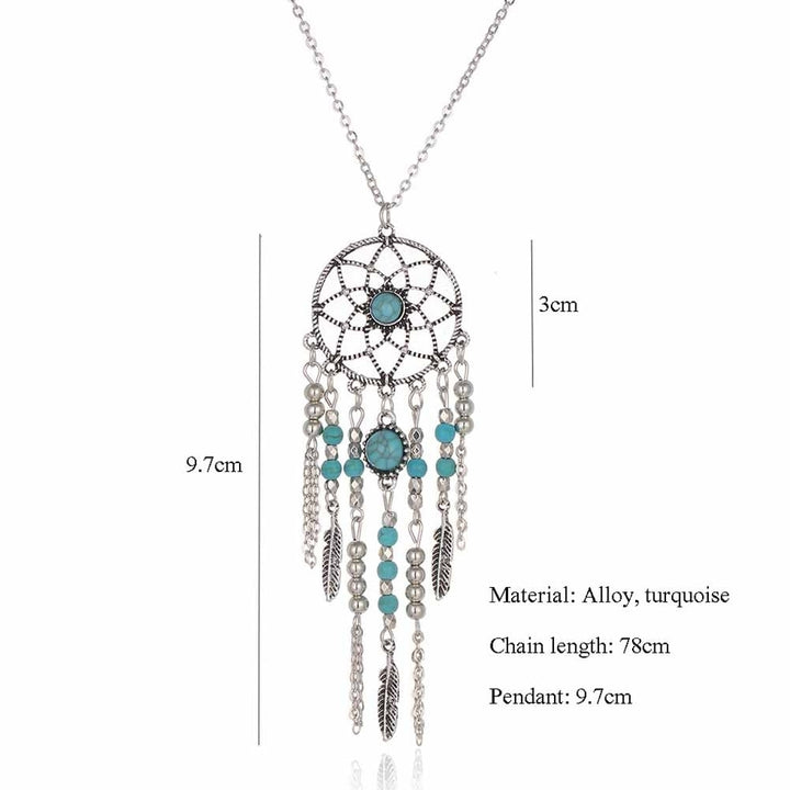 Boho Dreamcatcher Feather Turquoise Tassel Chain Charm Necklace Women Jewelry Image 6