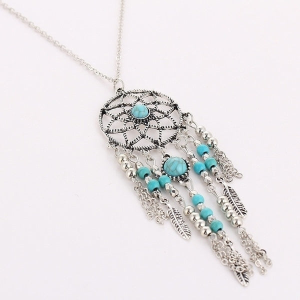 Boho Dreamcatcher Feather Turquoise Tassel Chain Charm Necklace Women Jewelry Image 7