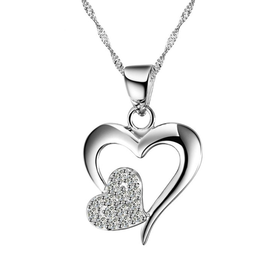 Women Two Love Heart Pendant Rhinestone Silver Plated Clavicle Chain Necklace Image 1