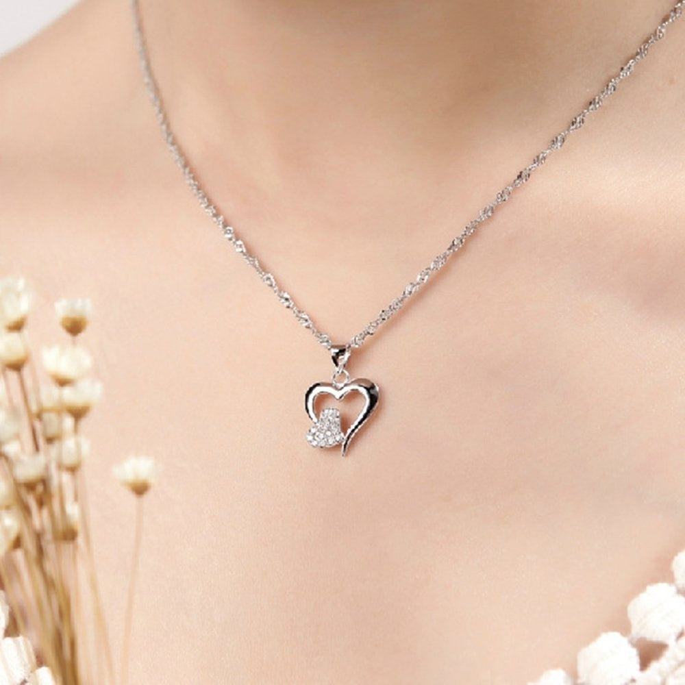 Women Two Love Heart Pendant Rhinestone Silver Plated Clavicle Chain Necklace Image 2