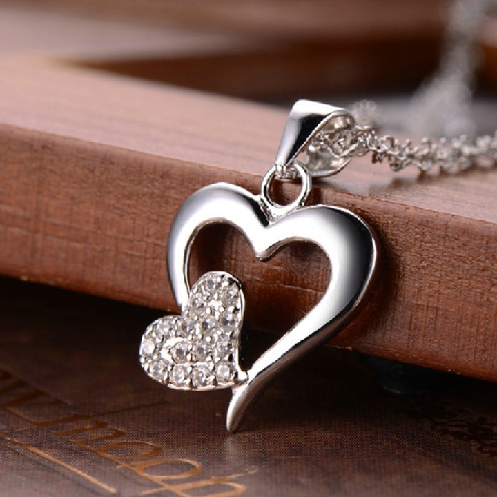 Women Two Love Heart Pendant Rhinestone Silver Plated Clavicle Chain Necklace Image 3