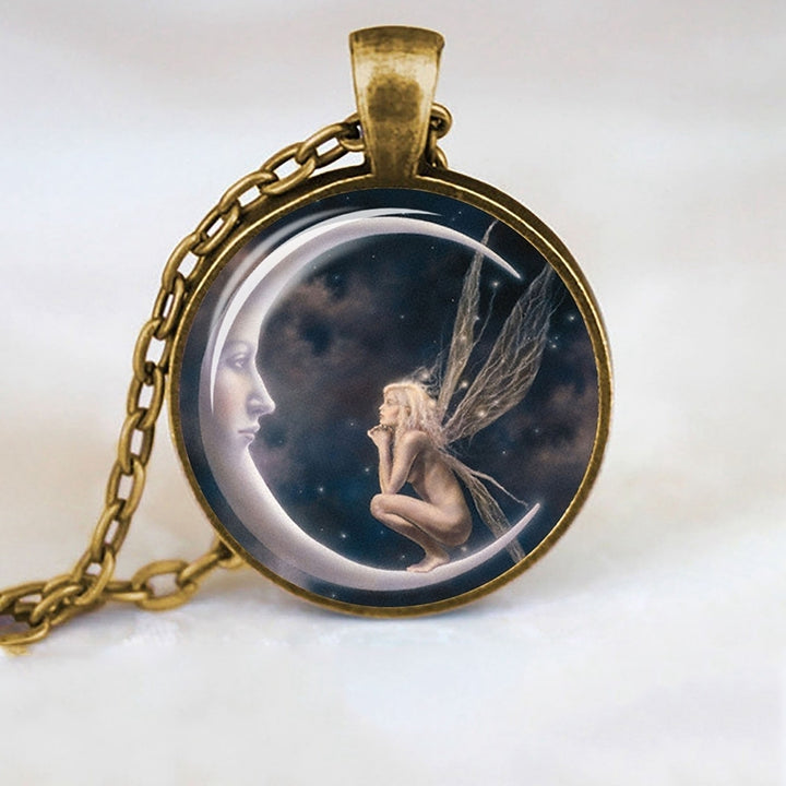 Fashion Women Angel on Moon Art Photo Round Cabochon Glass Charm Chain Necklace Image 1