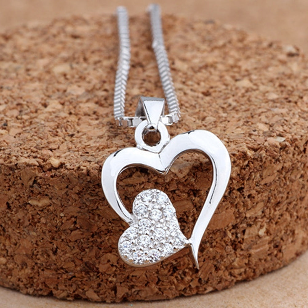 Women Two Love Heart Pendant Rhinestone Silver Plated Clavicle Chain Necklace Image 4