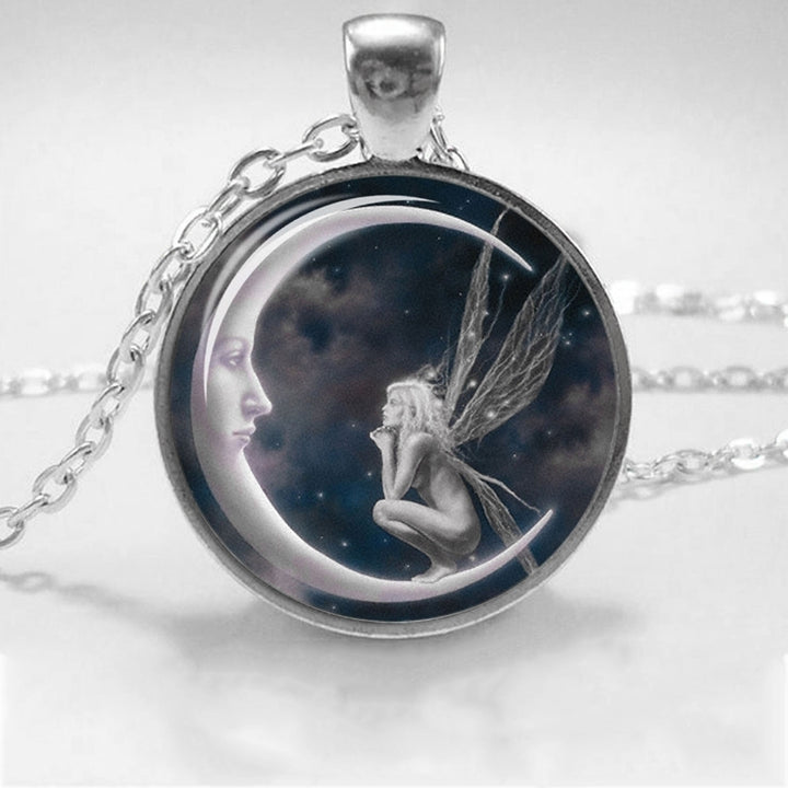 Fashion Women Angel on Moon Art Photo Round Cabochon Glass Charm Chain Necklace Image 2