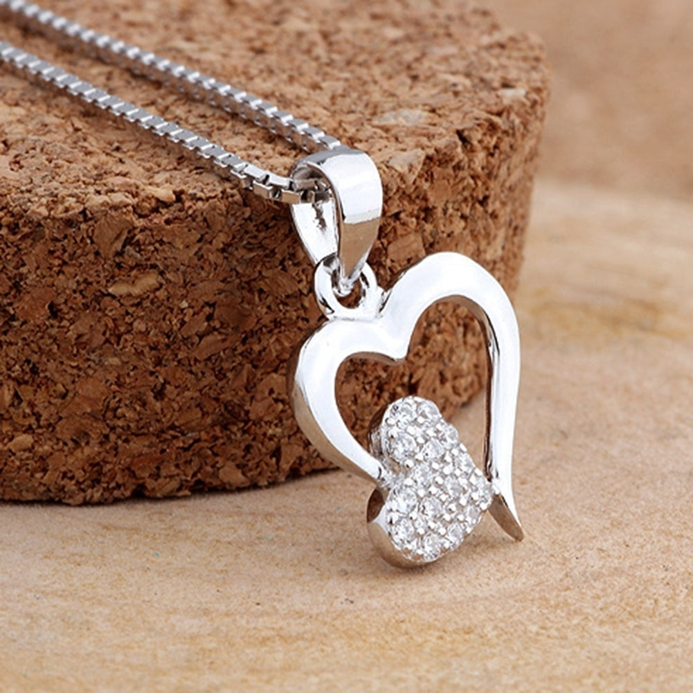 Women Two Love Heart Pendant Rhinestone Silver Plated Clavicle Chain Necklace Image 4