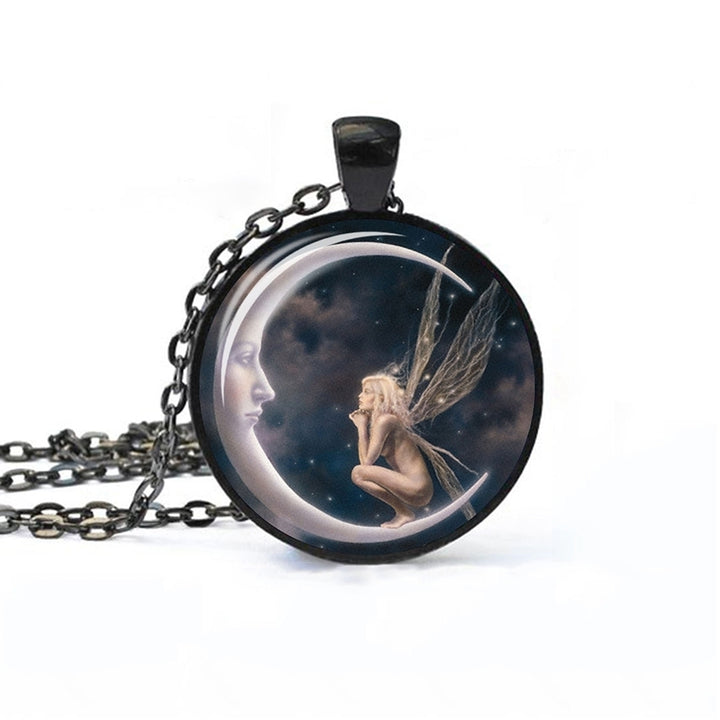 Fashion Women Angel on Moon Art Photo Round Cabochon Glass Charm Chain Necklace Image 3