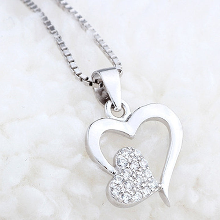 Women Two Love Heart Pendant Rhinestone Silver Plated Clavicle Chain Necklace Image 6