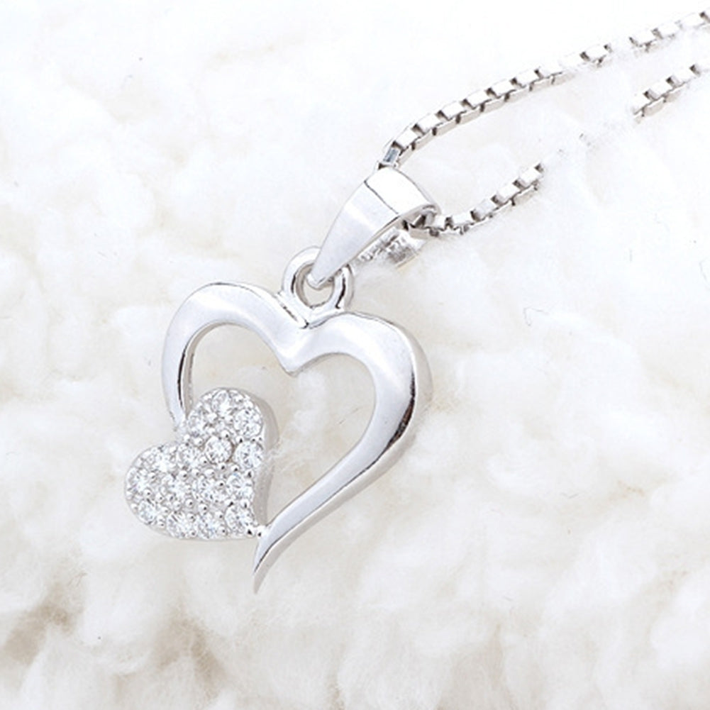 Women Two Love Heart Pendant Rhinestone Silver Plated Clavicle Chain Necklace Image 7