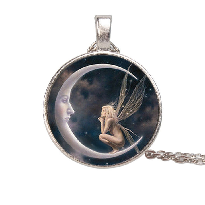 Fashion Women Angel on Moon Art Photo Round Cabochon Glass Charm Chain Necklace Image 4