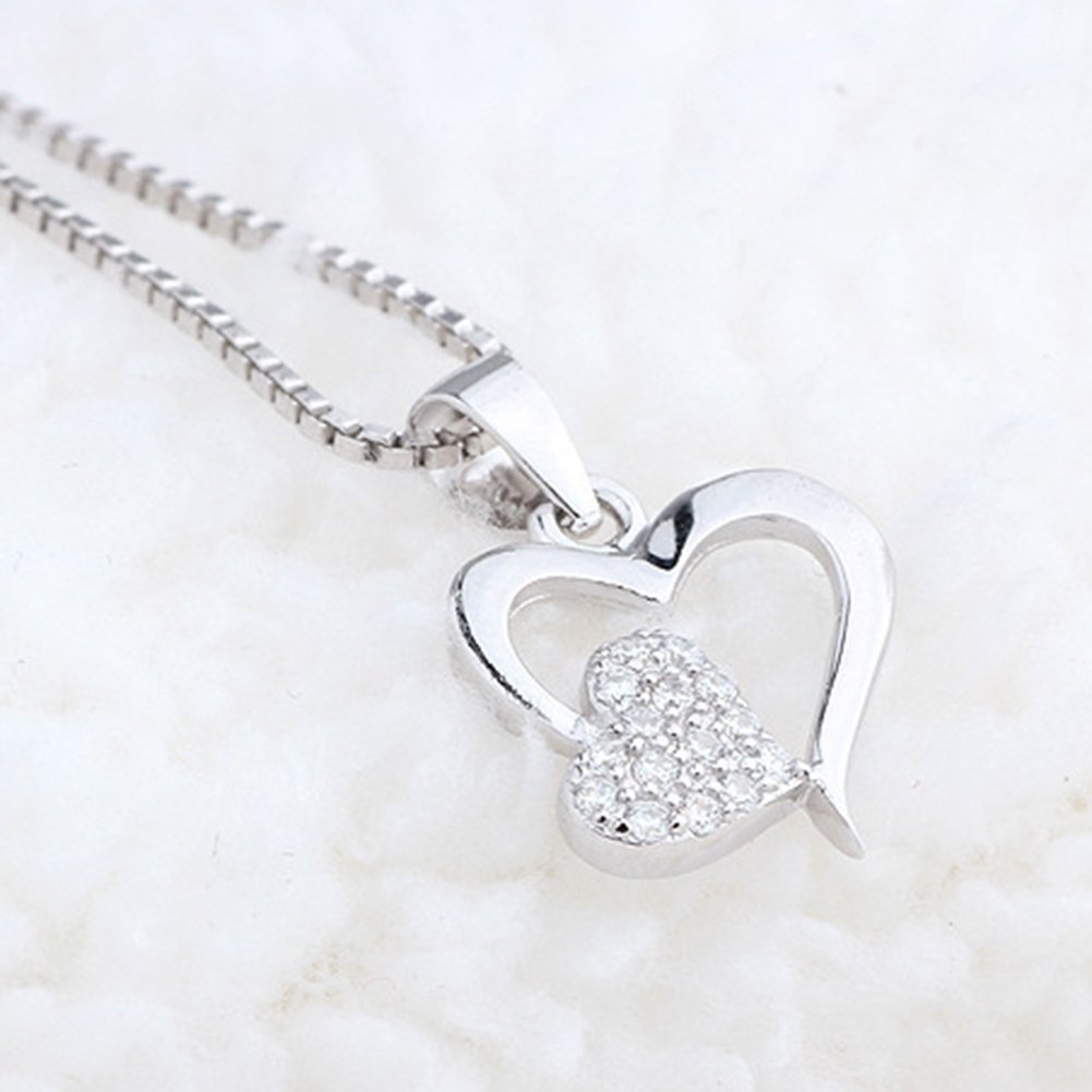 Women Two Love Heart Pendant Rhinestone Silver Plated Clavicle Chain Necklace Image 8