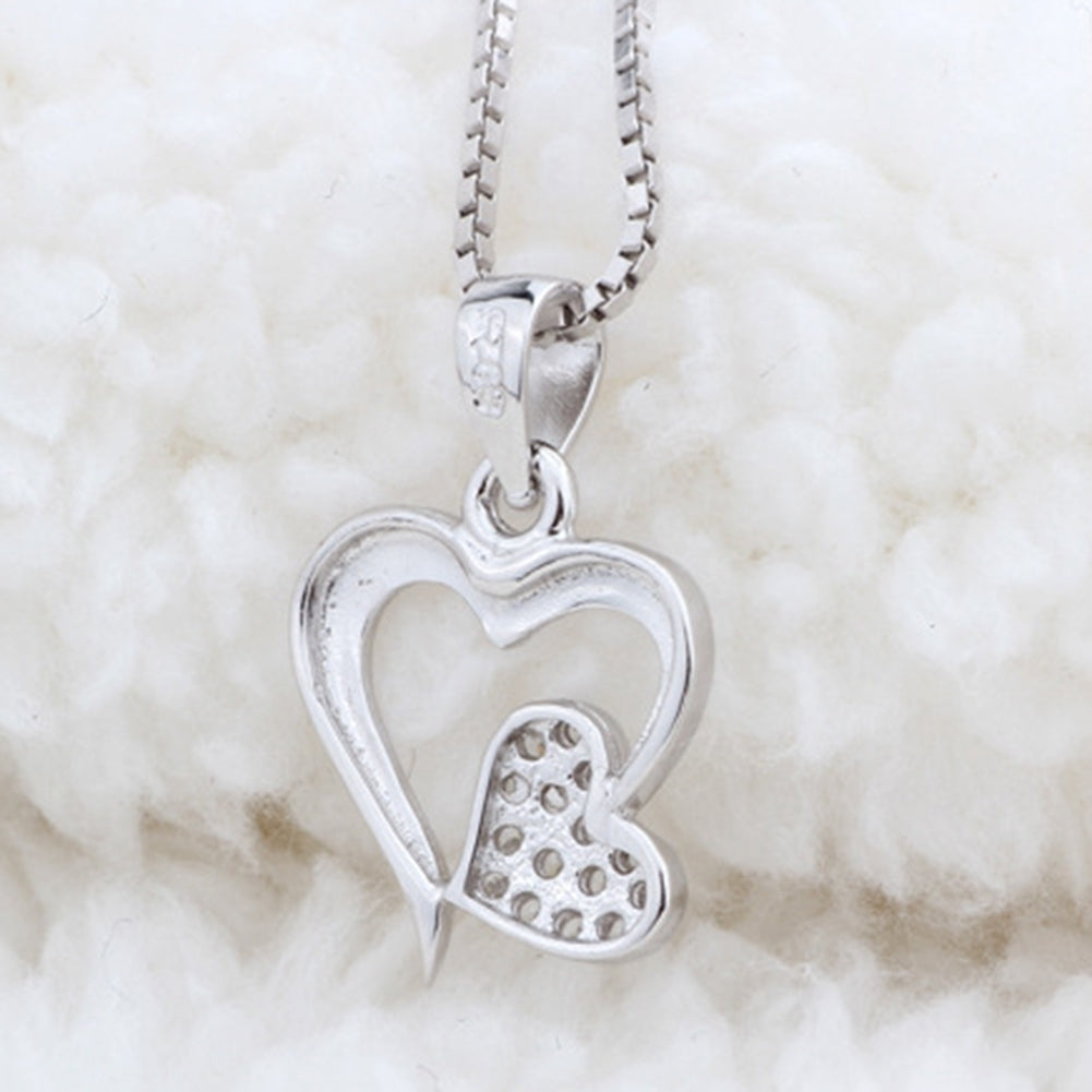 Women Two Love Heart Pendant Rhinestone Silver Plated Clavicle Chain Necklace Image 9