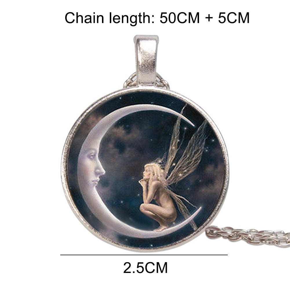 Fashion Women Angel on Moon Art Photo Round Cabochon Glass Charm Chain Necklace Image 7