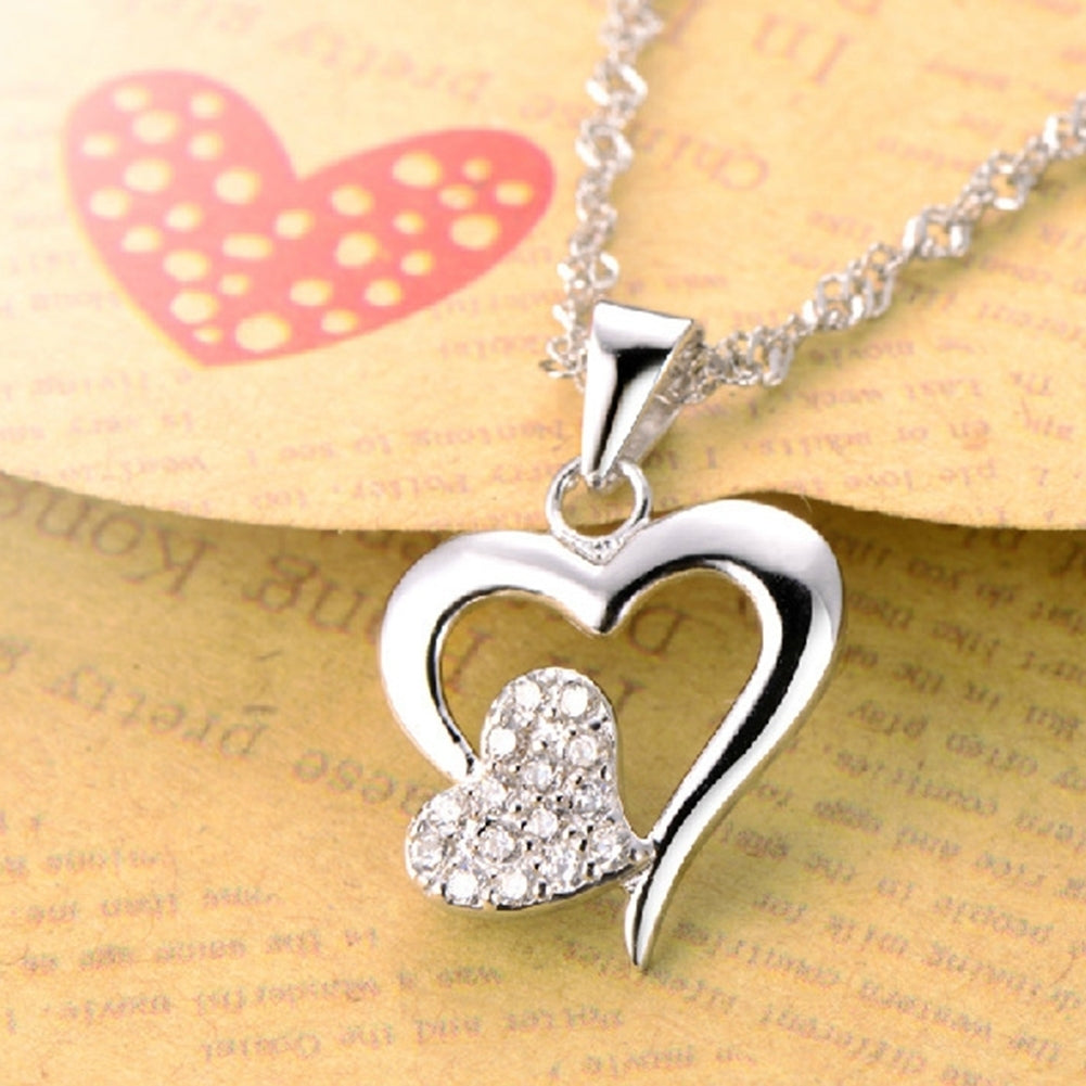 Women Two Love Heart Pendant Rhinestone Silver Plated Clavicle Chain Necklace Image 12