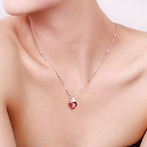 Women Heart Shape Rhinestone Pendant Silver Tone Chain Necklace Jewelry Gift Image 2