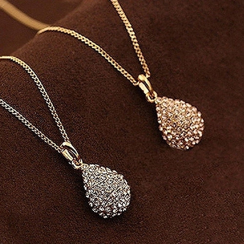 Womens Fashion Shiny Rhinestone Waterdrop Pendant Long Chain Sweater Necklace Image 1